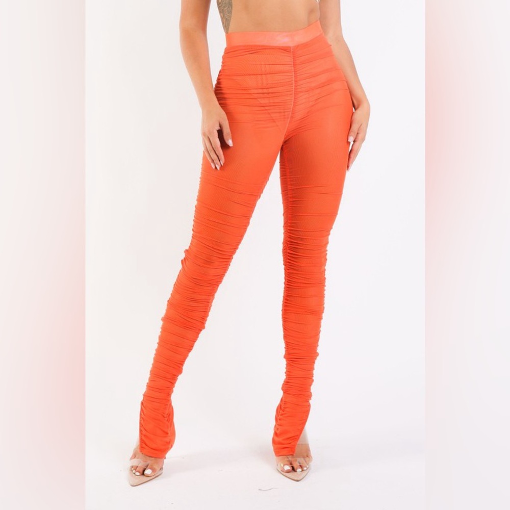 357B-ORANGE. Ruched High-Waisted Mesh Leggings